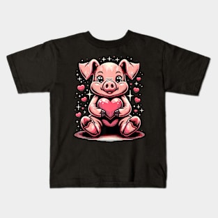 Pig Holding Heart Valentine's Day Cute Valentine Premium Kids T-Shirt